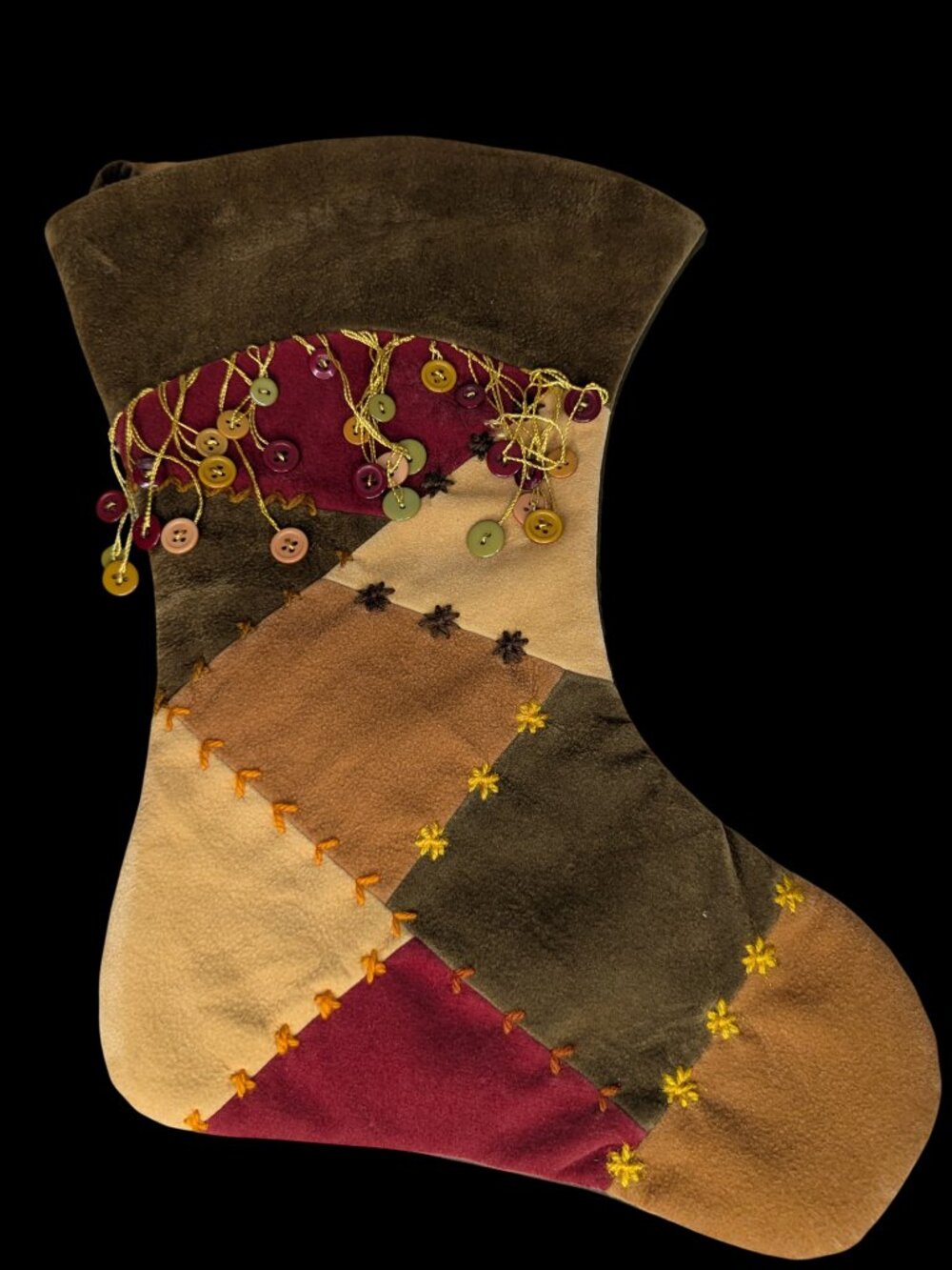 Santa's Best Christmas Stocking Quilted Looking with Button Fringe Warm Colors